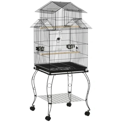 Imagen de PawHut Jaula para Pájaros con Ruedas Grande Soporte Pajarera Bandeja Extraíble Puertas Comederos Perchas y Estante Inferior Canarios Periquitos 50x49x137 cm Negro