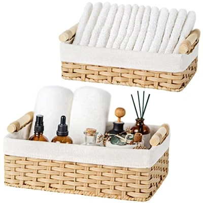 Imagen de GRANNY SAYS Cestas de Mimbre, Juego 2 Almacenaje Decorativas para Estanterías, Papel Higiénico, Tejidas Color Amarillo Nature con Asas Madera