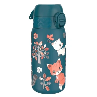 Imagen de ION8 Botella Agua Acero Inoxidable para Niños, 400ml, a Prueba de Fugas, Fácil Abrir, Cerradura Segura,Apta Lavavajillas, Tapa Abatible,Asa Transporte, Limpiar, Animales del Bosque