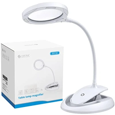 Imagen de eSynic Lámpara de Aumento 5X 10X LED Recargable Lupa con Abrazada Metal Lente Vidrio Óptico Iluminado y 3 Configuraciones Luz Ajustable para Leer, Hobbies, Manualidades