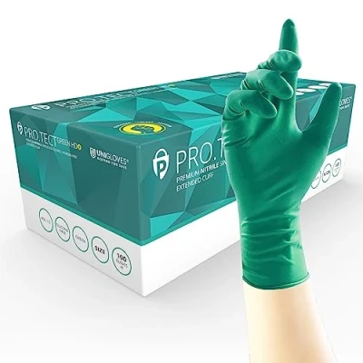 Imagen de UNIGLOVES PRO.TECT Guantes desechables de nitrilo HD+ verde con puño extendido, ultra resistentes, un solo uso, multiusos, sin polvo, caja 100 guantes, tamaño extragrande (GA0095)