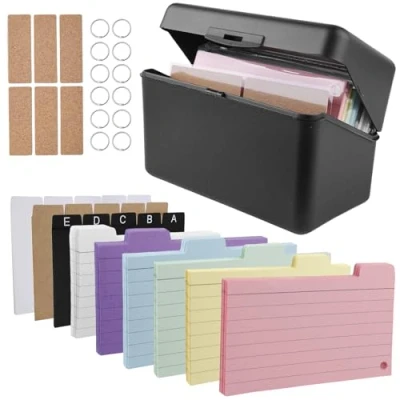 Imagen de caja para 300 fichas, tarjetas A7 A8, de aprendizaje, incluye 230 tarjetas, 15 registros, 6 anillas, pegatinas notas, material escolar oficina