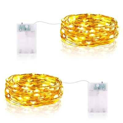 Imagen de Guirnalda Luces LED, 2M 20LEDs Pilas con Temporizador Mini Alambre de Cobre Cadena IP65 para Decoración Interior Exterior Bodas Fiesta Navidad (2 Piezas, Blanco Cálido)