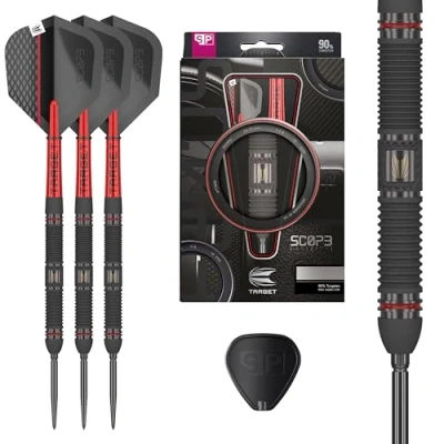 Imagen de Target Darts Scope Dardos Punta Acero Suiza, 90% Tungsteno, Barril 01 25G Acero, Rojos y Negros, Profesionales con Suiza Herramienta