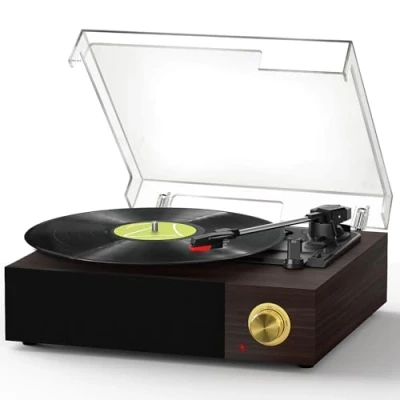 Imagen de Tocadiscos de Vinilo, FYDEE con Receptor Bluetooth Integrado y Altavoces Estéreo Integrados, 3 Velocidades 33/45/78 RPM, Parada Automática, Salida RCA, Tapa Antipolvo (ébano)