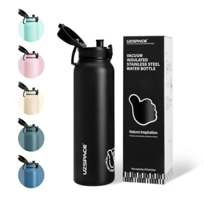 Imagen de UZSPACE botella de acero inoxidable 1 l (970 ml), deportiva aislada doble pared con tapa abatible, apertura una mano, a prueba fugas, agua para senderismo, deportes