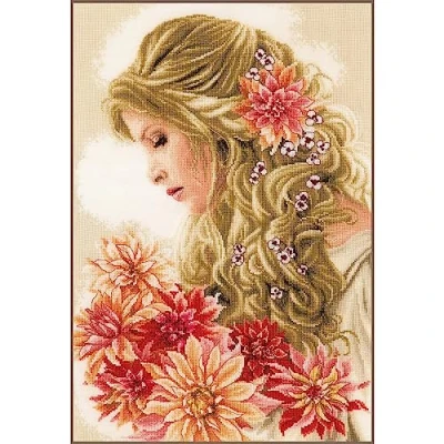Imagen de LANARTE PN 0172683 Algodón Kit au Point Compté La Dame aux Dahlias, Blanc, 30cm x 22cm 3cm