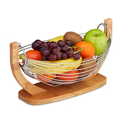 Imagen de Relaxdays 10028850 Frutero de Cocina Moderno, Original, Rejilla, Bol, Bambú Acero INOX, 1 Ud, 18,5x38x23 cm, Marrón Plateado