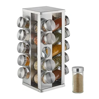 Imagen de Relaxdays Especiero Giratorio con 20 Botes Cristal, Prisma Organizador Especias, Acero Inox., Giro 360º, 33x20 cm, Plata