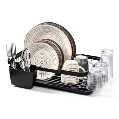 Imagen de Anika 69049 Escurridor de Platos Cocina / Porta Cubiertos Separado Bandeja Goteo Extraíble Color Negro 44 x 32 13 cm