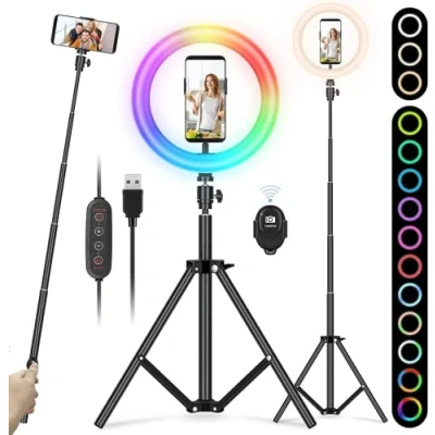 Imagen de YISSVIC Aro de Luz 10&quot; Anillo con Trípode Control Remoto 168 LED 3 Modos y 26 RGB Modos, para Móvil TIK Tok Maquillaje Youtube Vlog Selfie Fotografía ect.