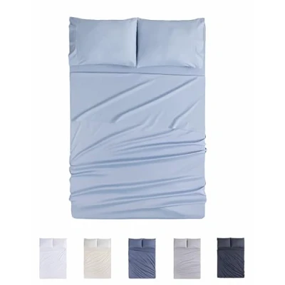 Imagen de Todocama Juego de Sábanas 4 Piezas 4002 Sábana Bajera Ajustable Encimera Dos Fundas Almohada 50x80cm (Cama 90x190/200 cm, Azul Claro)