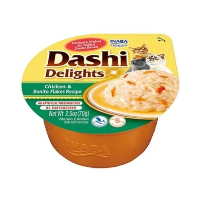 Imagen de INABA Dashi Delights Trozos en Caldo de Pollo y Escamas Bonito Topping Alto Contenido proteínas Ingredientes Naturales Delicioso Saludable Comida para Gatos 1 x 70 g