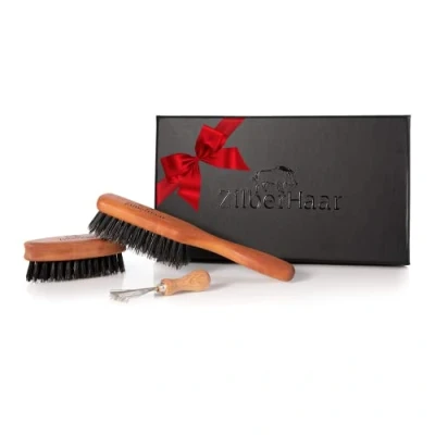 Imagen de ZilberHaar Kit de cuidado la barba 1 cepillo para + bolsillo accesorio limpieza 100% cerdas jabalí auténtico suave segundo corte Set regalo hombres