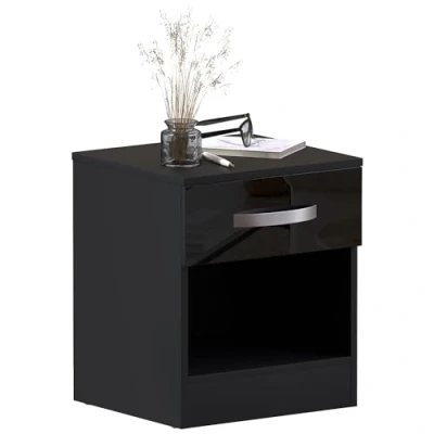 Imagen de Armario de noche Vida Designs Hulio alto brillo negro, 1 cajón con manijas metálicas y correderas, soporte único contra la curvatura del cajón, muebles para dormitorio.