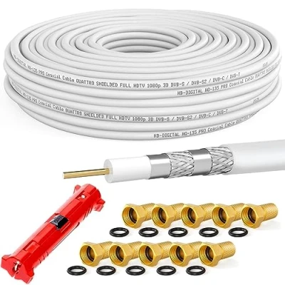 Imagen de HB DIGITAL 50m de cable coaxial SAT HQ 135dB PRO incl. pelacables + 10 clavijas F doradas antena satelital 4 veces apantallado para sistemas radio DVB S/S2 C/C2 T/T2 DAB+ BK