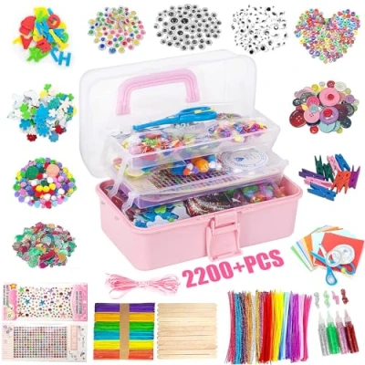 Imagen de Withosent Kit Manualidades Niños 2200+PCS, DIY Creativo Material, con Limpiapipas, Pompoms, Wiggle Eye, Cuentas, Lentejuelas, Juego Regalo Craft Niñas