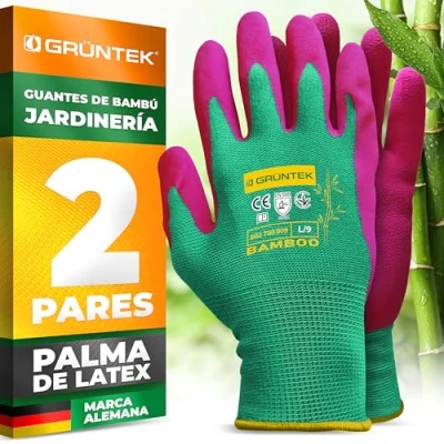 Imagen de GRÜNTEK Guantes de Jardinería para mujeres y hombres (unisex) en bambú látex 2 Pares talla L / 9 trabajo resistentes, lavables ecológicos