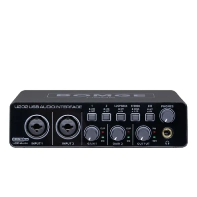 Imagen de BOMGE Interfaz de audio USB U202 con preamplificador micrófono XLR/TSR/TS puertos, 48 V, resolución 32 bits/192 kHz para grabación computadora, transmisión, podcasting