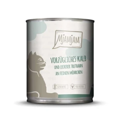 Imagen de MjAMjAM comida húmeda premium para gatos excelente ternera y pavo con deliciosas zanahorias, pack de 6 (6 x 800 g), sin cereales extra carne