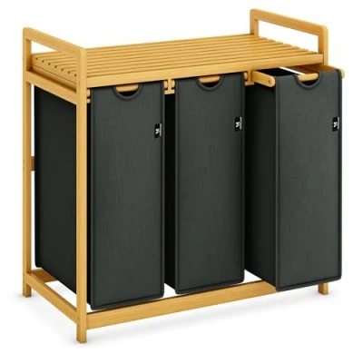 Imagen de AdelDream cesto de la ropa 150L 3 compartimentos bambú clasificador diseño arco Gris 06 17