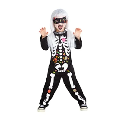 Imagen de Rubies Disfraz Esqueleto Candy para niños y niñas, Jumpsuit con detalles impresos antifaz, original halloween, carnaval cumpleaños, S8673 S