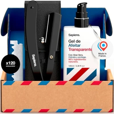 Imagen de Sapiens Barbershop Kit de Afeitado Hombre Navaja Afeitar + Gel Transparente 120 Derby Cuchillas Simples Funda Protectora