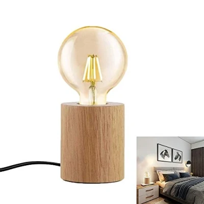 Imagen de Lámpara de mesa en forma redondo madera Lampara Escritorio E27 roble Noche Para Hogar Dormitorio Sala Estar Cocina comedor cabecera baño Cafetería bar