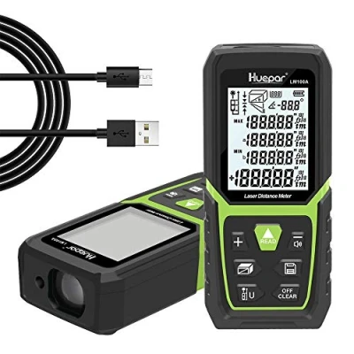 Imagen de Huepar Telémetro Láser 100M con Batería de Ion Litio y Sensor Ángulo Eléctrico, LCD Retroiluminado Medida M/In/Ft Alta Precisión Modos Medición Múltiple, Pitagórico LM100A