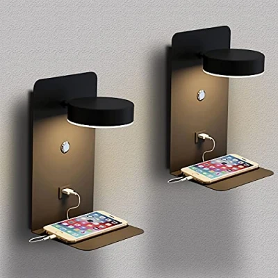 Imagen de 2 Piezas Aplique de pared LED Regulable Interior, Lámpara Dormitorio Negro 12W con puerto USB, interior moderno giratorio 350 Control Táctil, Luz lectura enchufe