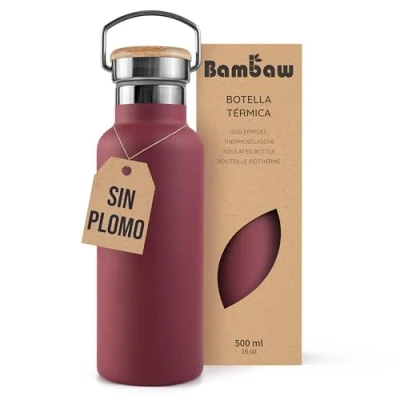 Imagen de Bambaw Botella térmica 500ml, agua roja, acero inoxidable gimnasio, gym, Termo Rojo cereza