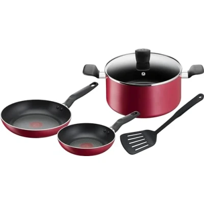 Imagen de Tefal Super Cook B460S584 Juego de 5 sartenes 20/24 cm + cacerola tapa espátula, sin inducción, revestimiento antiadherente, indicador calor termo señal, mango ergonómico,