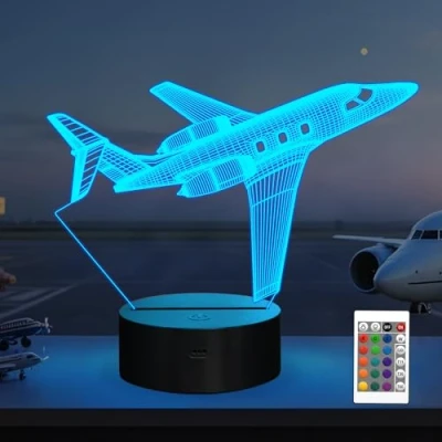 Imagen de avión regalos para niños, luz nocturna de 3D, lámpara ilusión 16 colores cambiantes con mando a distancia, lámparas escritorio Navidad niñas, decoración habitaciones,