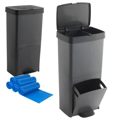 Imagen de Pack Cubo de basura o reciclaje 70L VERTICAL, 2 compartimentos, Papelera residuos INCLUYE rollo 20 bolsas 30l