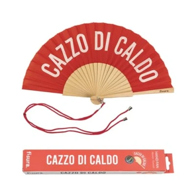Imagen de Fisura Abanico Original con Mensaje “c*zzo di Caldo. de Madera Moderno y Gracioso. Rojo Blanco. Medidas: 42,5 x 23 cm. Textil.