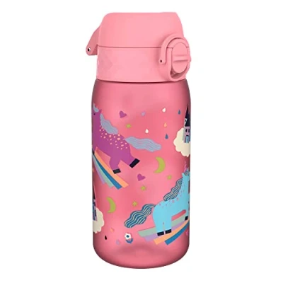 Imagen de ion8 Botella de Agua para Niños, 350ml, a Prueba Fugas, Fácil Abrir, Cerradura Segura, Apta Lavavajillas, Sin BPA, Asa Transporte, Limpiar, Neutro en Carbono, Diseño Unicornios