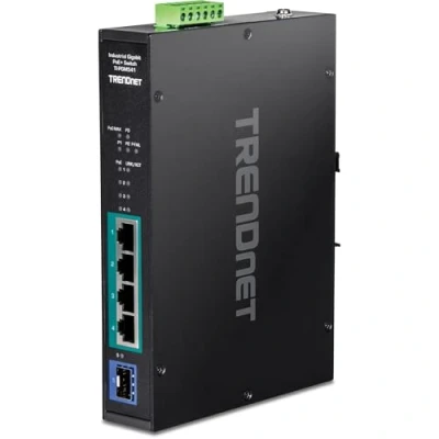 Imagen de TRENDnet TI PGM541 Conmutador Gigabit PoE+ industrial de 5 puertos, rango temperatura extrema 20 65C ( 4 149F), carril DIN, 50 55 Vdc, puertos PoE+, 1 ranura SFP
