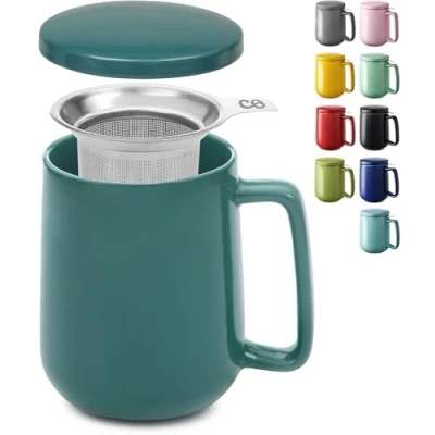 Imagen de Cosumy Taza de Te con Filtro y Tapa 500ml Ceramica Mantiene Caliente la Infusion Apta para Lavavajillas (Verde azulado oscuro)