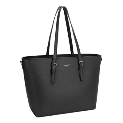 Imagen de David Jones Bolso de Mano Grande Mujer Tote Bag Shopper Piel PU Hombro Trabajo Shopping Gran Capacidad Cuero Compras Asa Larga Escuela Estudiante Moda Negro 2