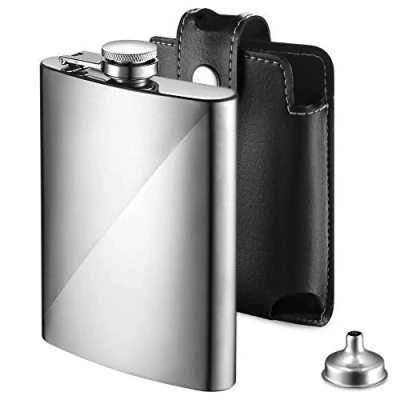 Imagen de ecooe Frasco de Cadera, Petaca Acero Inoxidable 227ml / 8oz, Petacas Bolsillo con Embudo y Bolsa Cuero Sintético, Alcohol Whisky para Barbacoa Al Aire Libre Viajes Pesca Camping