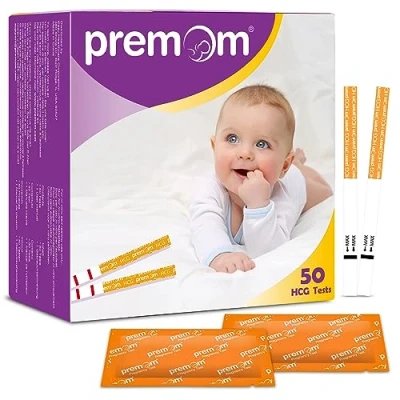 Imagen de Premom 50 Test de Embarazo Prueba Alta Sensibilidad 10 mIU/mL Tiras para la Detección Temprana hCG en Orina Disponible con APP
