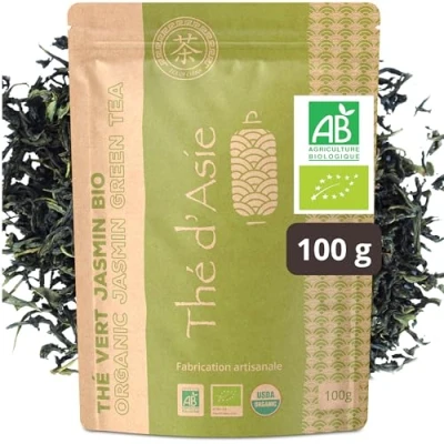 Imagen de Khla Té de Jazmín Orgánico 100g Verde Chino Bolsa a Granel Floral y Aromático Rico en Antioxidantes Sueño, Digestión Origen China Hierbas e Infusión Frío o Caliente
