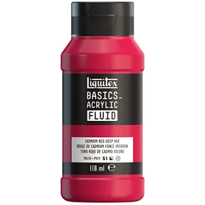 Imagen de Liquitex Basics Fluid Pintura acrílica de consistencia fluida, secado rápido, resistente a la luz, impermeable, acabado satinado permanente, bote 118 ml, tono rojo cadmio oscuro