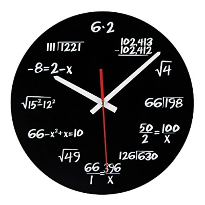 Imagen de reloj de matemáticas, pared único, diseño moderno, ecuaciones matemáticas Cada hora marcada por una ecuación matemática simple.