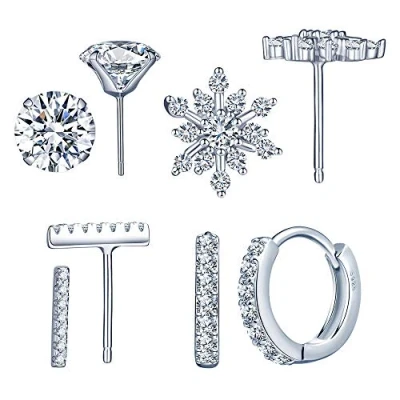 Imagen de Yumilok Juego de Joyas pendientes Plata Ley 925 copo nieve, aretes diamante, aro elegantes para Mujeres Chicas set 4 pares