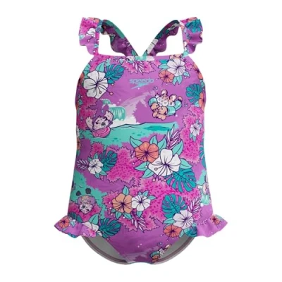 Imagen de Speedo Learn to Swim Printed Frill Thinstrap Swimsuit Chlorine Resistant Quick Drying Traje de baño para Niñas, Neon Violet, 9 Mois 12