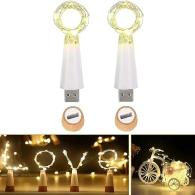Imagen de luces de corcho para botella vino, cadena cobre recargable USB (longitud la línea) hadas interiores al aire libre, Hallowee(Paquete 2 / Blanco cálido constante)