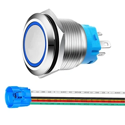 Imagen de Gebildet 22mm Momentáneo Pulsador de Botón Acero Inoxidable, Impermeable ON/Off 12V 24V 5A LED 1NO1NC SPDT con Enchufe Cable(LED Azul)