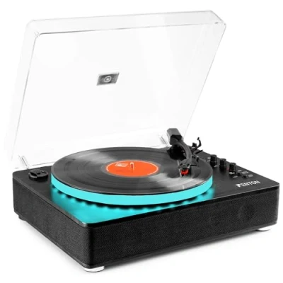 Imagen de Fenton RP162LED tocadiscos con luz LED, moderno Bluetooth altavoz, giradiscos, reproductor vinilos illuminación entrada y salida Bluetooth, AUX, reproducción codificación USB
