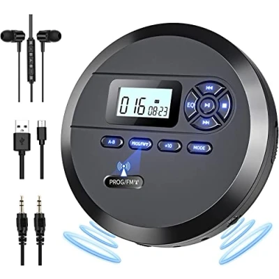 Imagen de Reproductor de CD portátil, DESOBRY discman portatil con Altavoces y transmisor FM, portátil para Coche, batería integrada 2000 mAh, Walkman Pantalla LCD, Auriculares